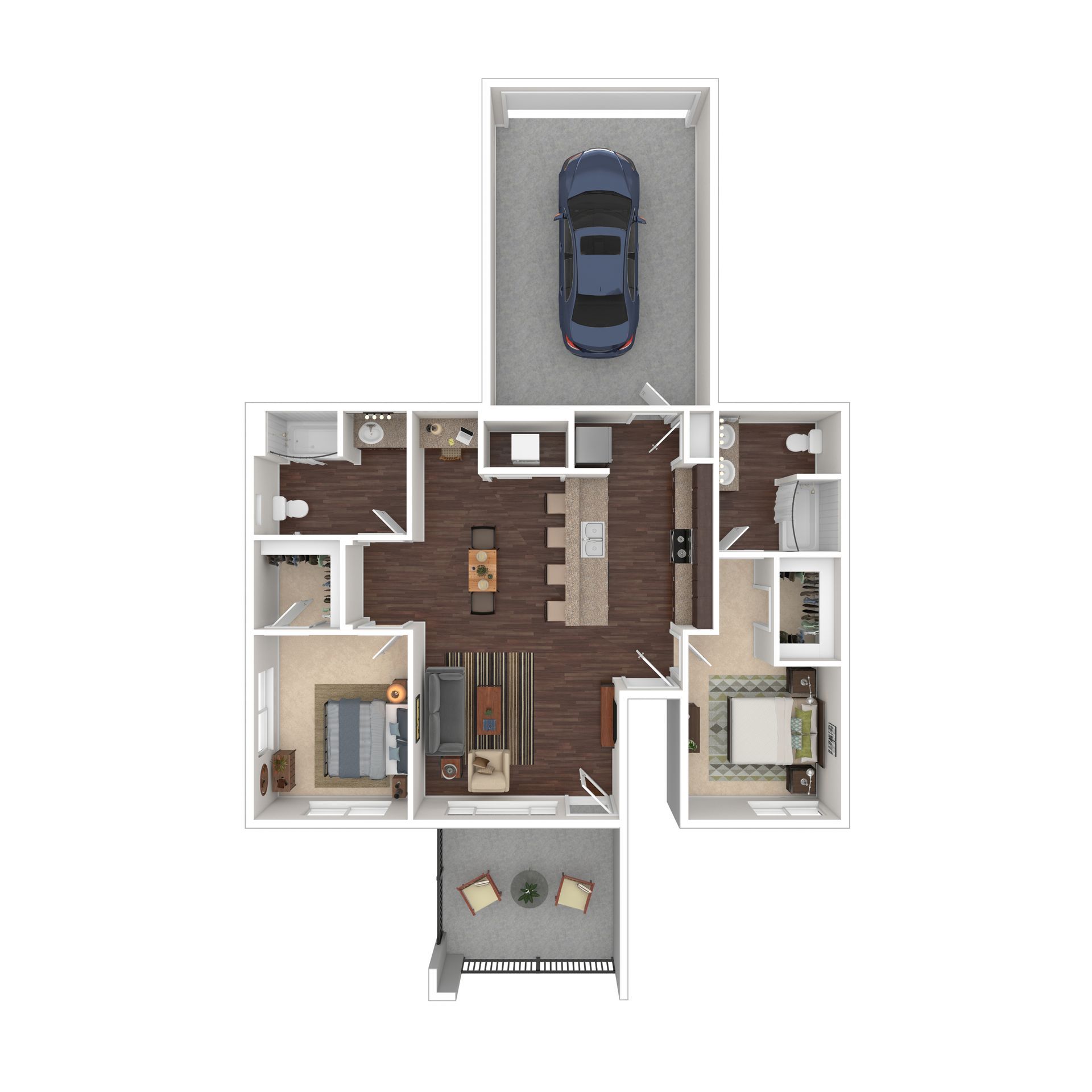 Floor plan of a house with a garage, two bedrooms, and a patio.