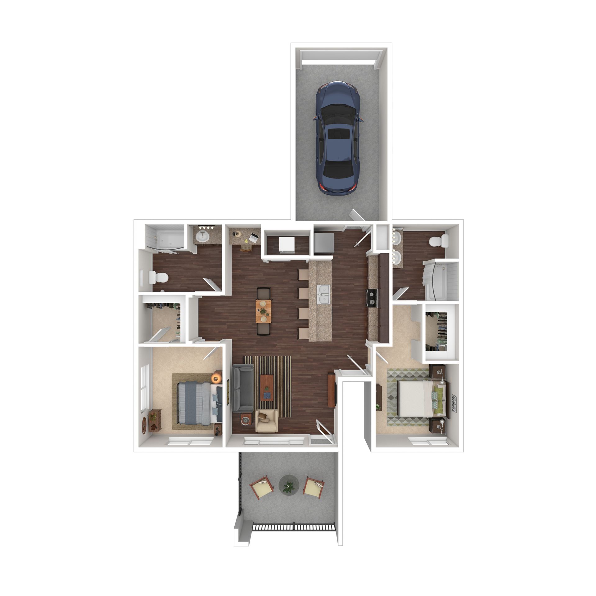 Floor plan of a house with a garage and patio; bedrooms, living, and kitchen areas.