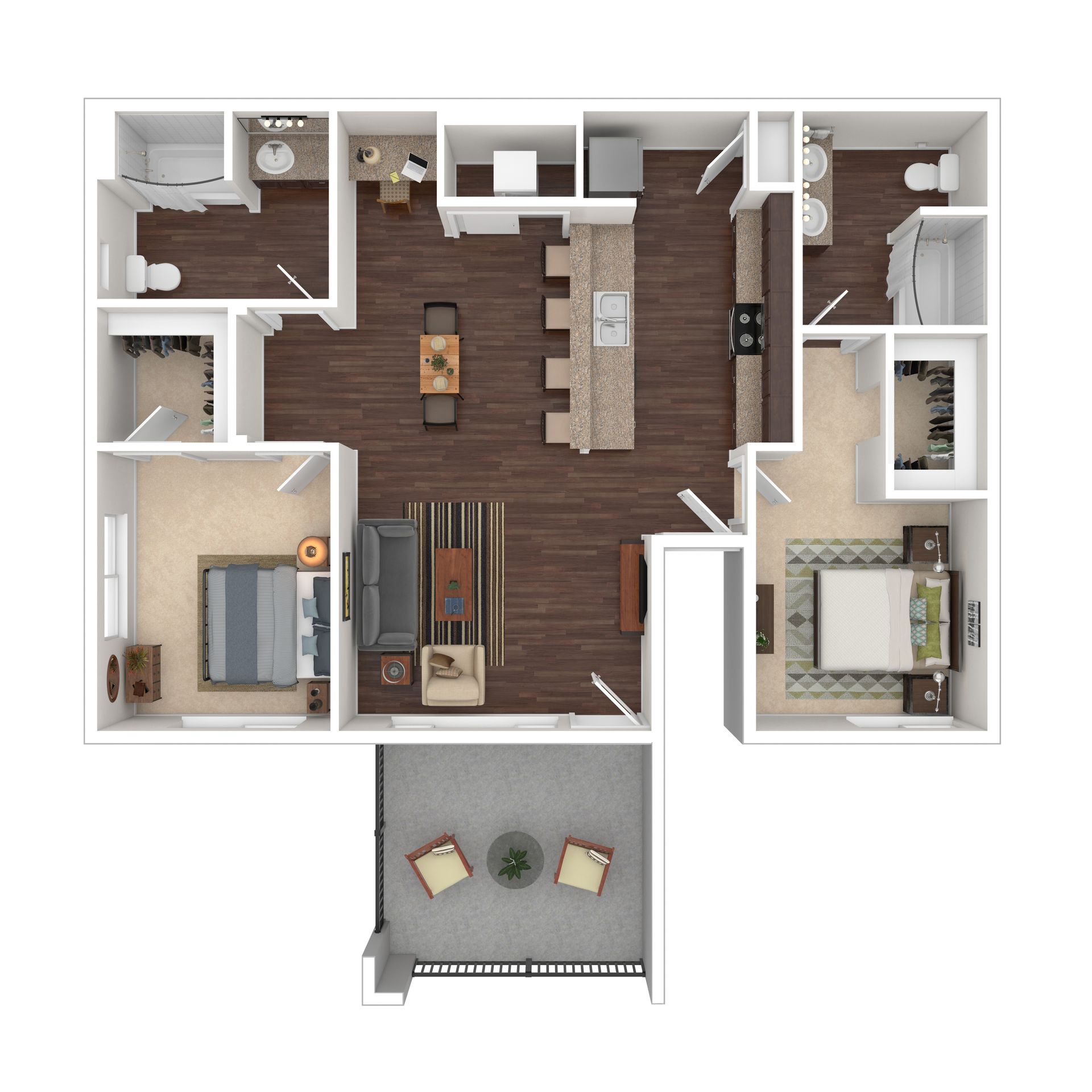 Floor plan of a two-bedroom apartment. Includes a balcony, kitchen, living room, bathrooms, and bedrooms.