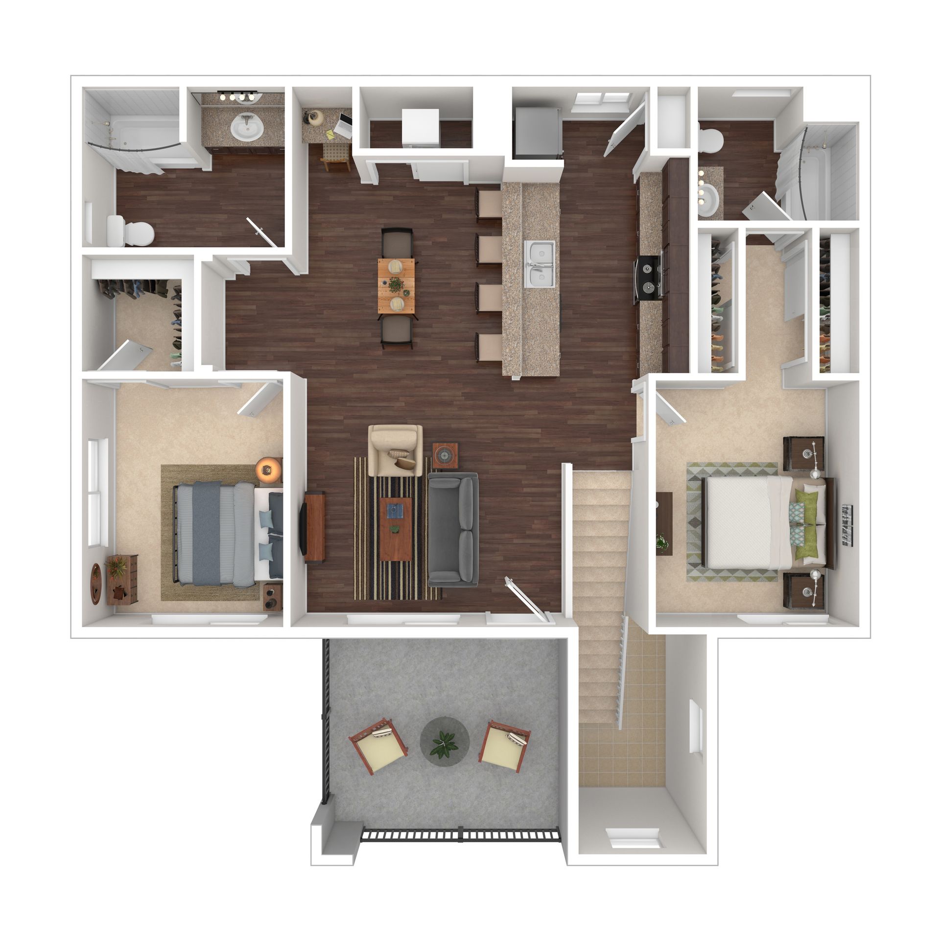 Floor plan of a two-bedroom apartment with a balcony, showing kitchen, living, and dining areas.