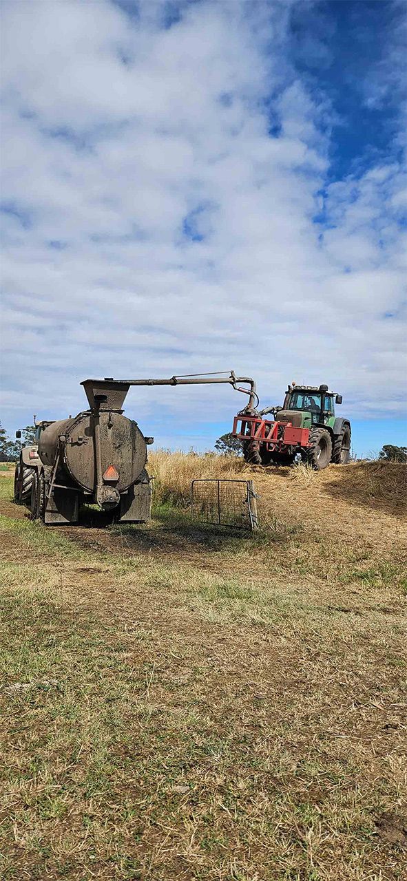a tractor is loading hay into a trailer in a field .