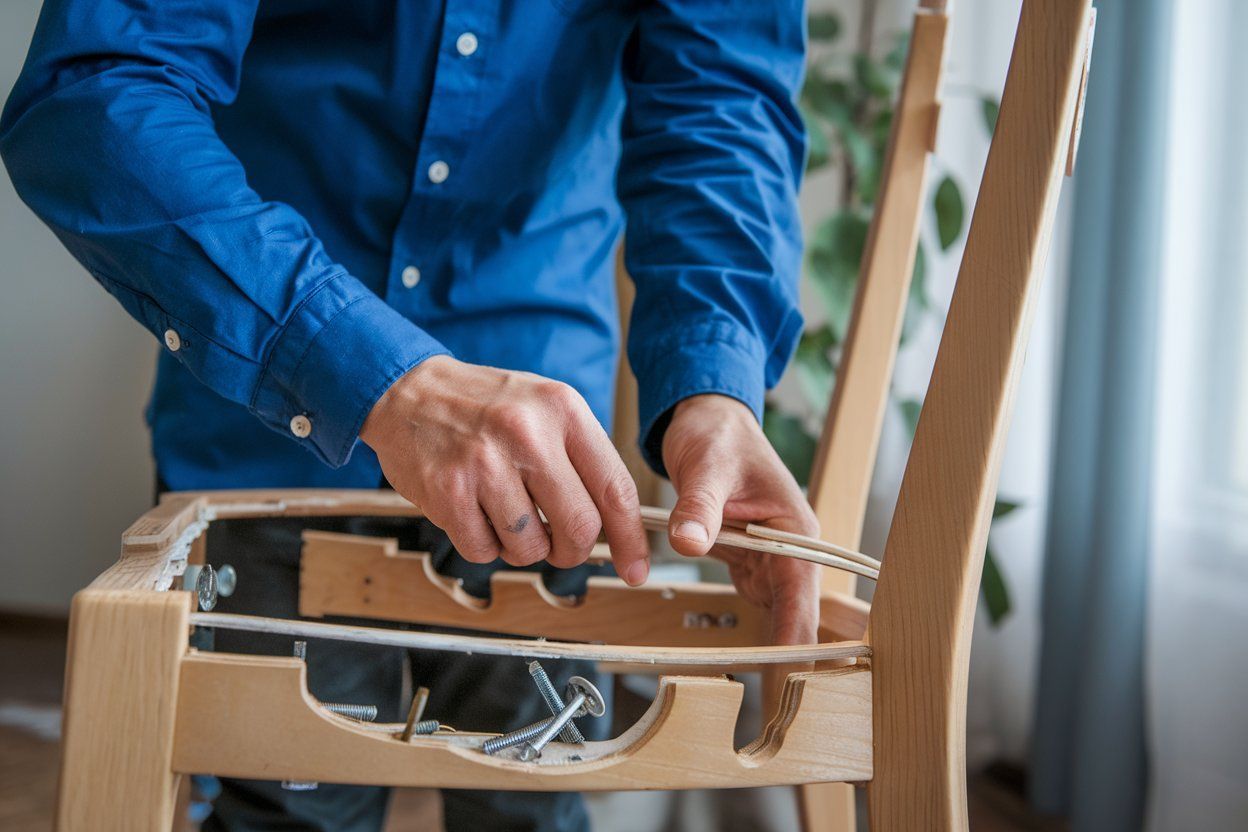 A man in a blue shirt is fixing a wooden chair.