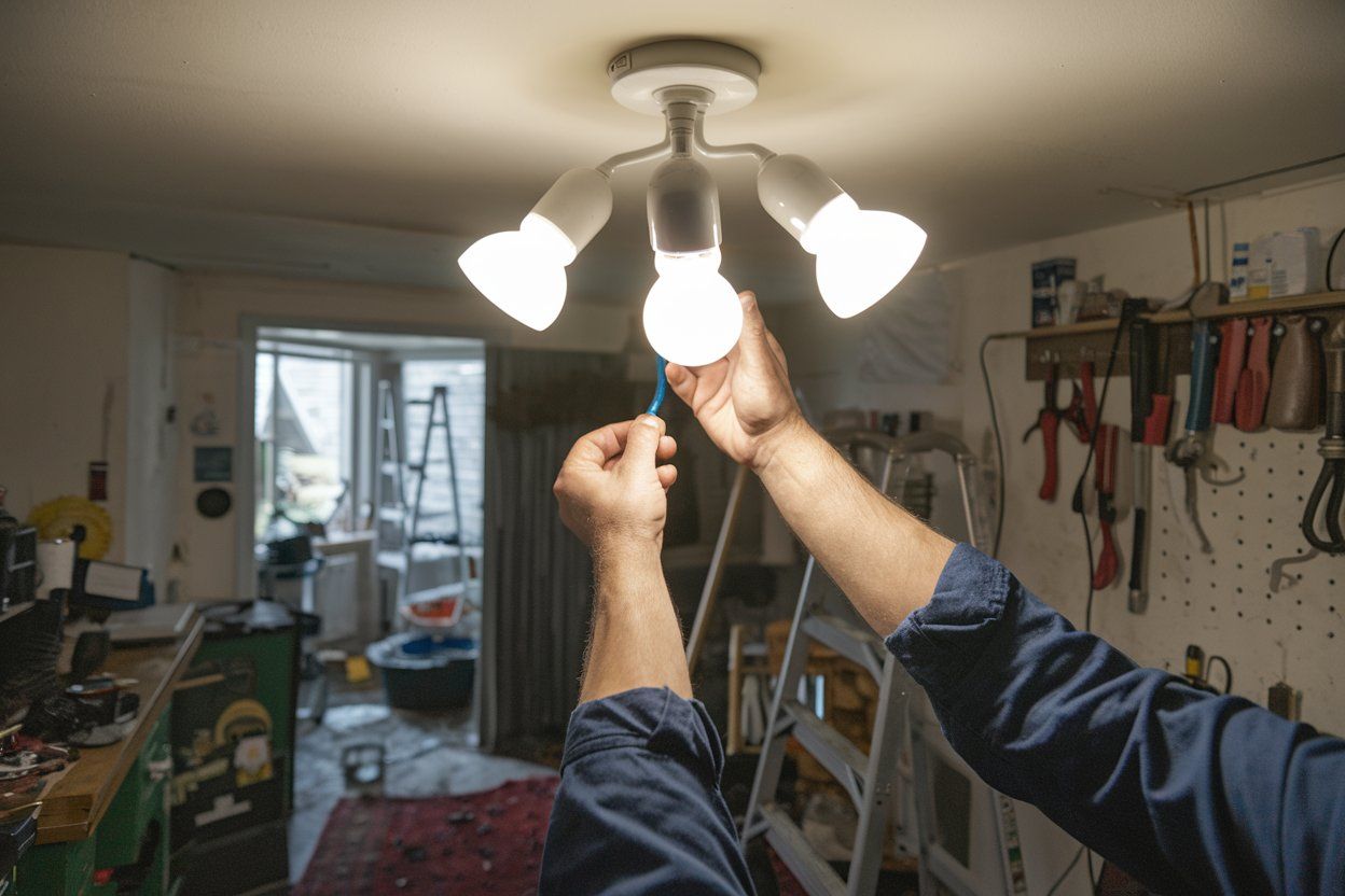 A man is changing a light bulb in a garage.