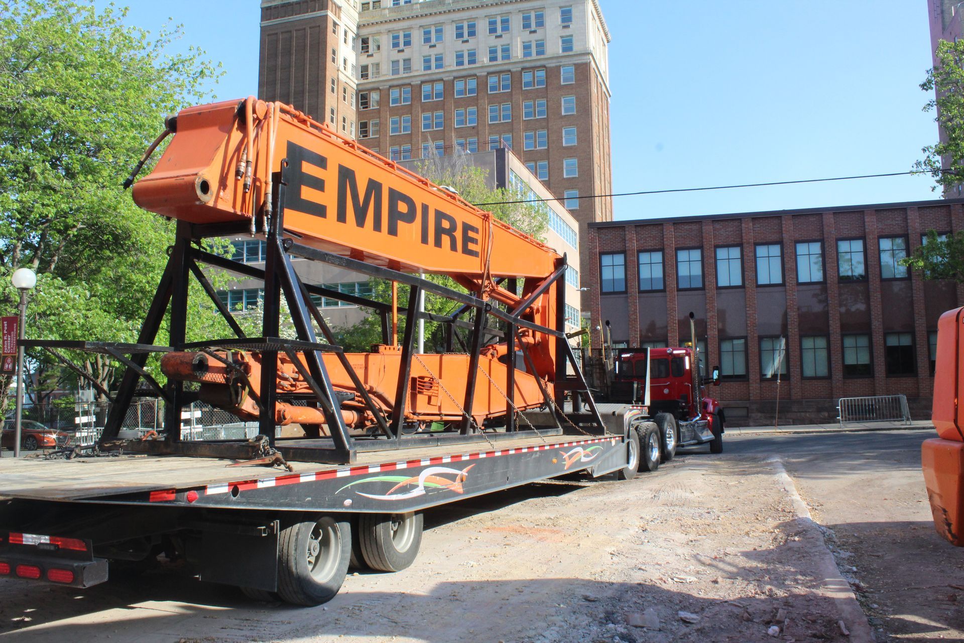 DVC loads up a piece of heavy equipment from a project in Reading, PA to bring back to our yard.