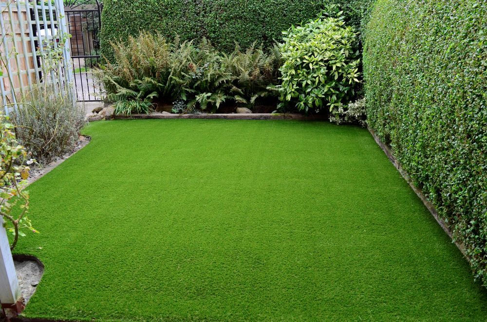 Green Artificial Turf Yard Bordered by Hedges — Geoff Thompson's Independent Flooring Centre in Wauchope, NSW