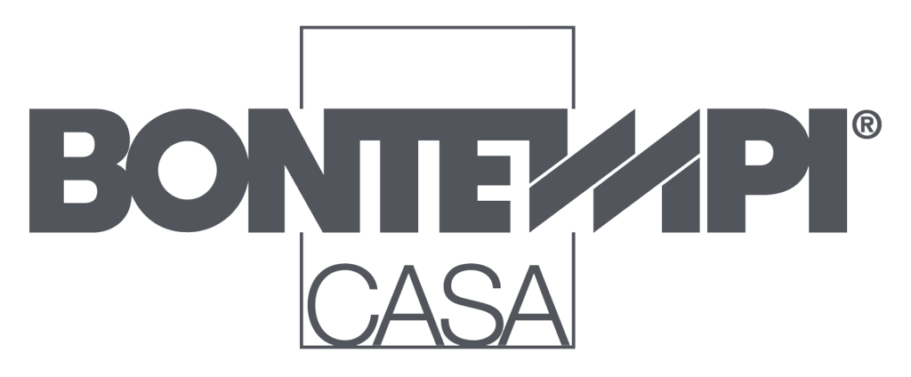 Logo per Bontempi Casa, azienda di arredamento. La scritta "BONTEMPI" è in grigio scuro, con la scritta "CASA" sotto. Una cornice rettangolare circonda il centro.