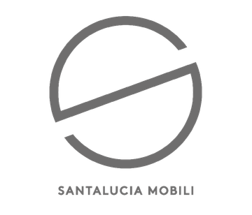 Logo grigio per Santalucia Mobili. È costituito da un cerchio intersecato da una linea diagonale, con il nome del marchio in basso.