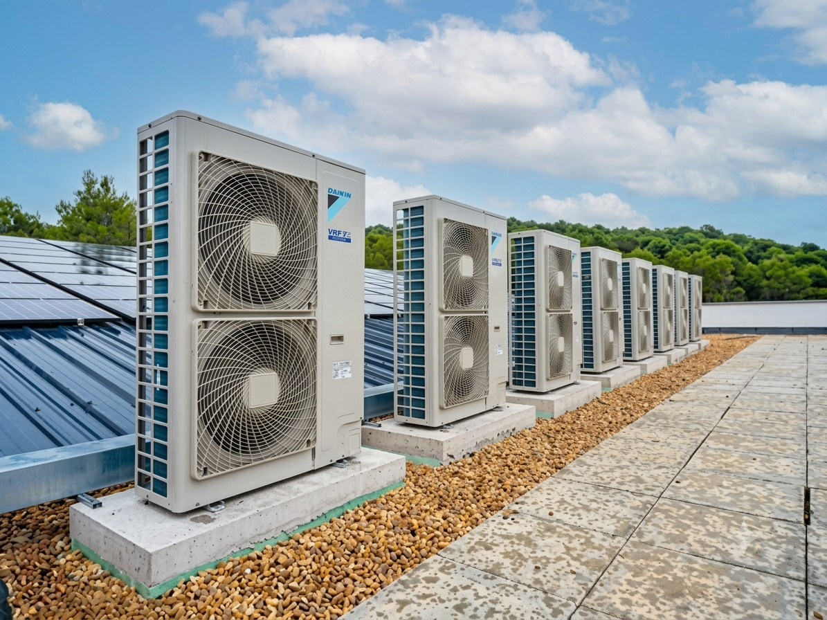 Una fila di unità condensatrici HVAC sul tetto, accanto a pannelli solari, sotto un cielo azzurro.