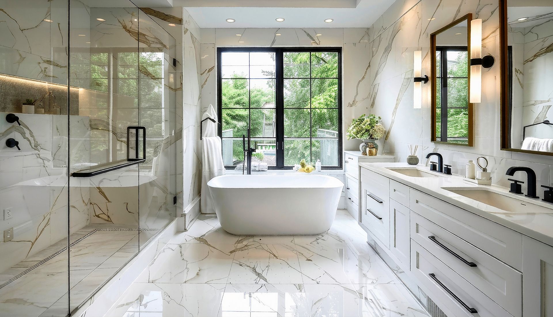 A bathroom with a tub , sinks , and a walk in shower.