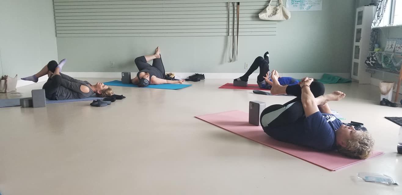 A group of people are laying on yoga mats in a room.