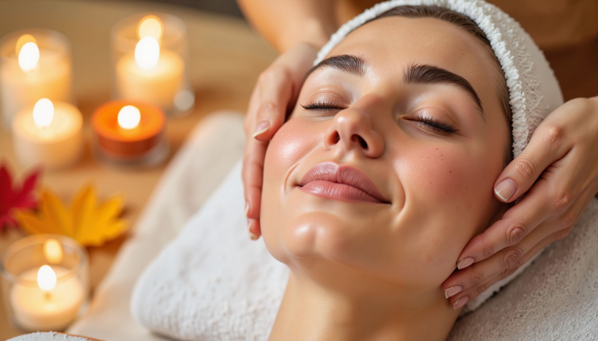 Woman receiving a facial massage with candles in the background.