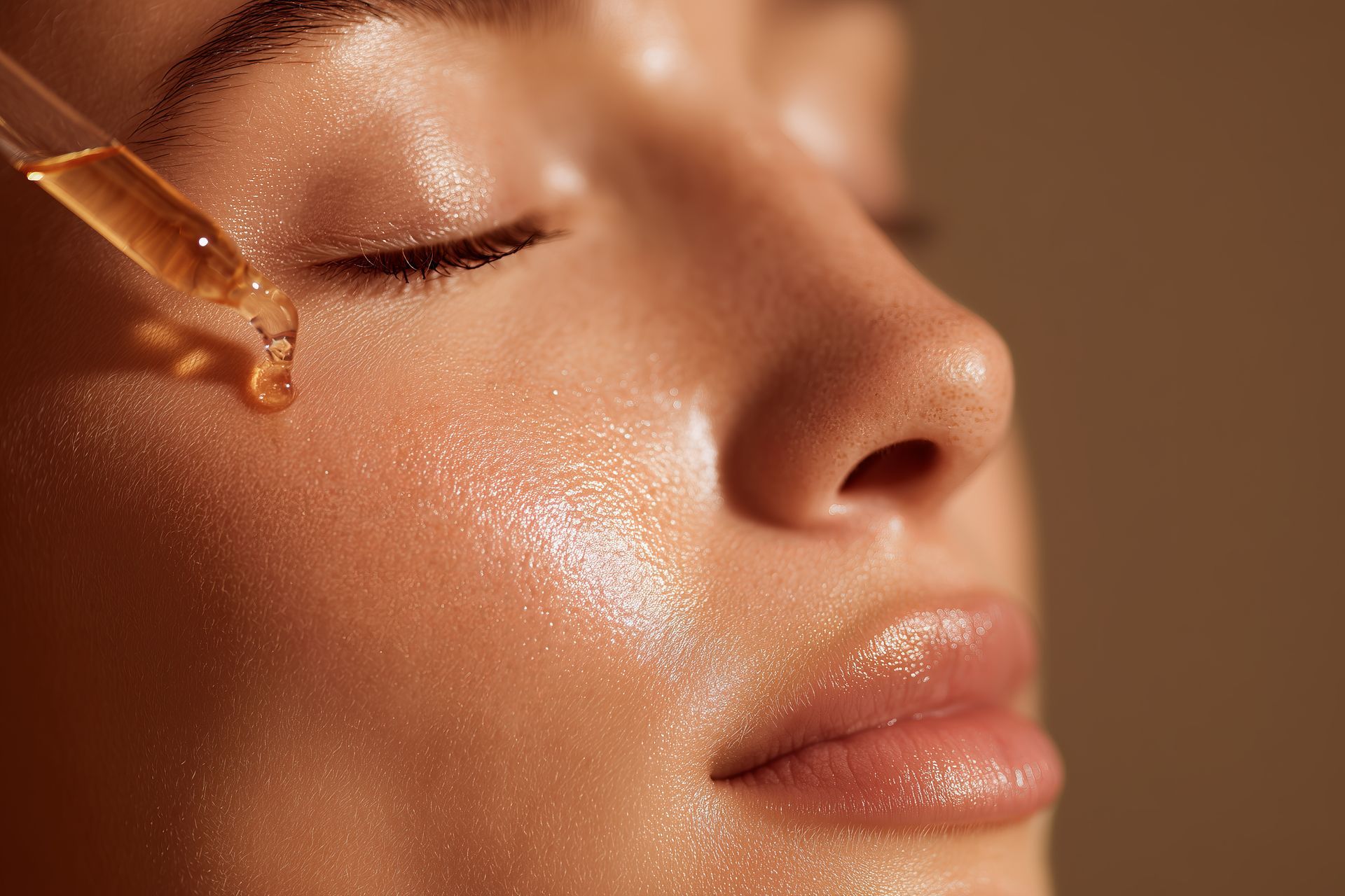 Close-up of a person's face with closed eyes, receiving serum droplets from a dropper, creating a glowing complexion.