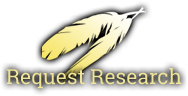 A logo for request research with a bird feather