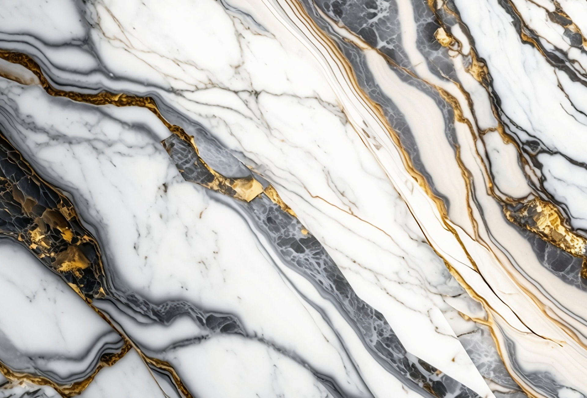 A close up of a black and white marble texture with gold veins.