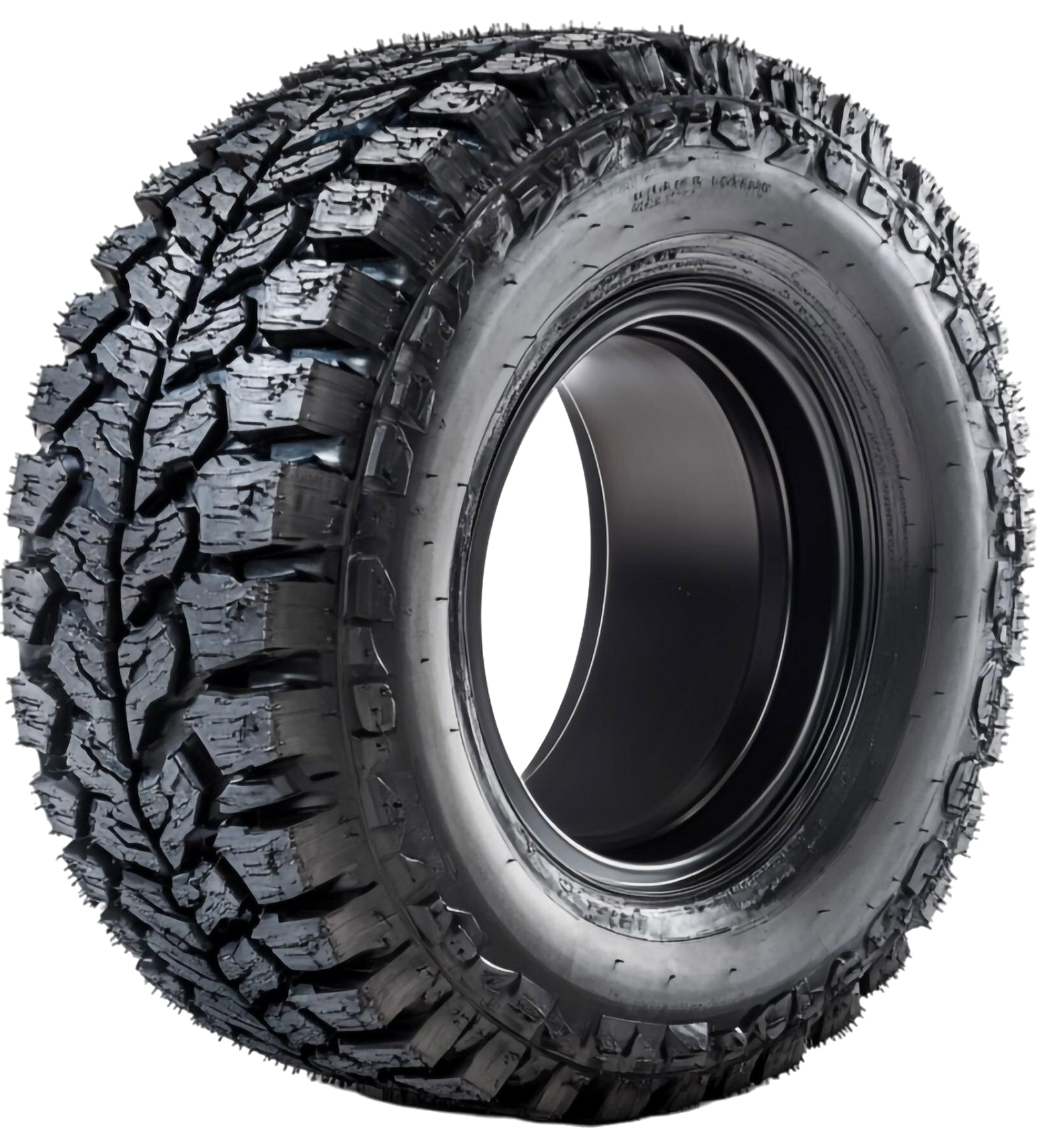 Black off-road tire with deep treads, likely for a vehicle.