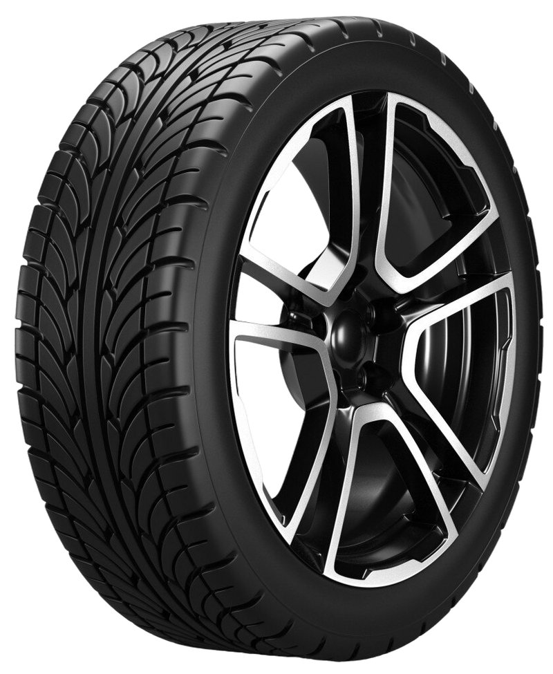 Black car tire with silver and black rim.