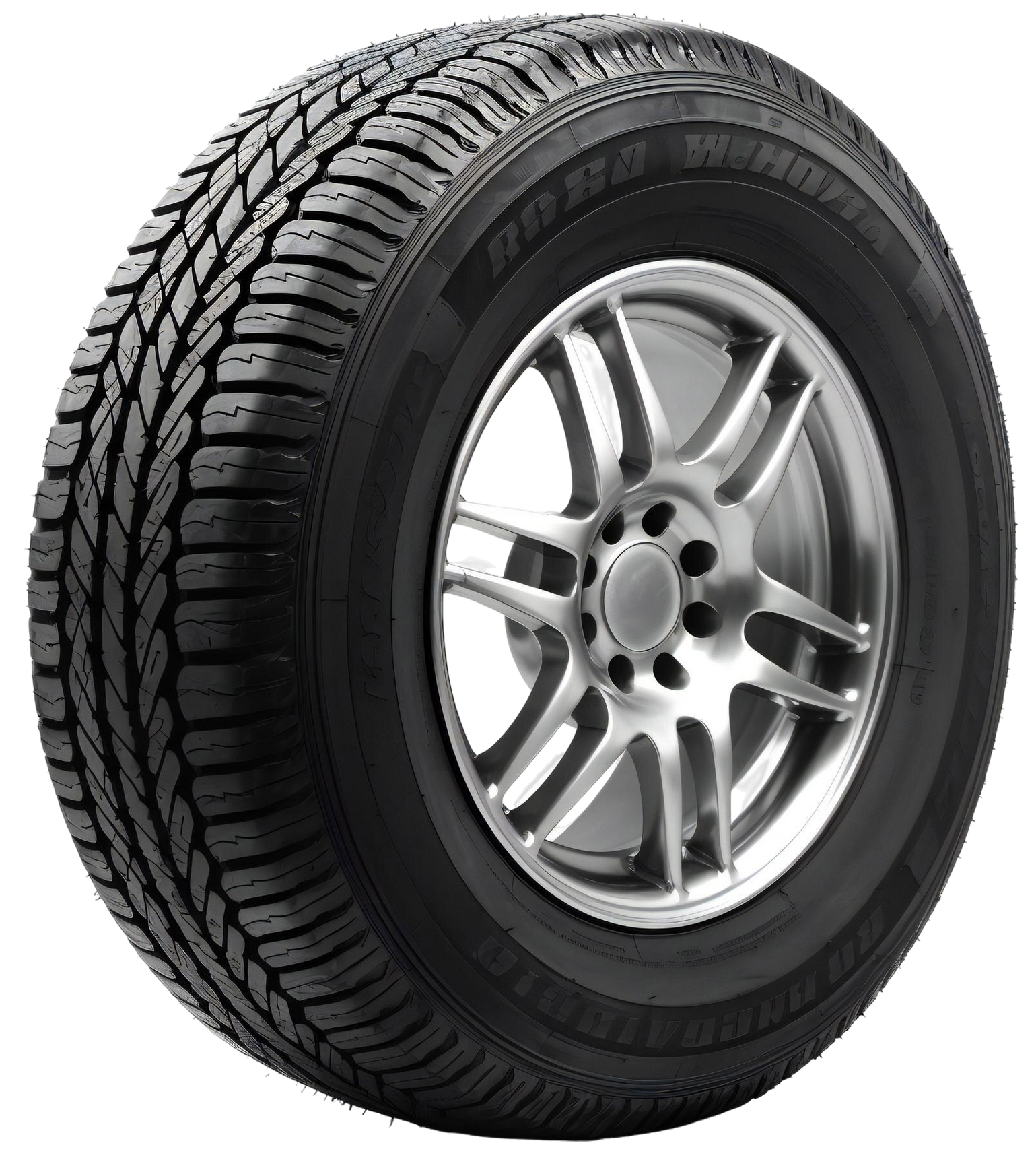 Black car tire with silver rim; tread pattern visible.