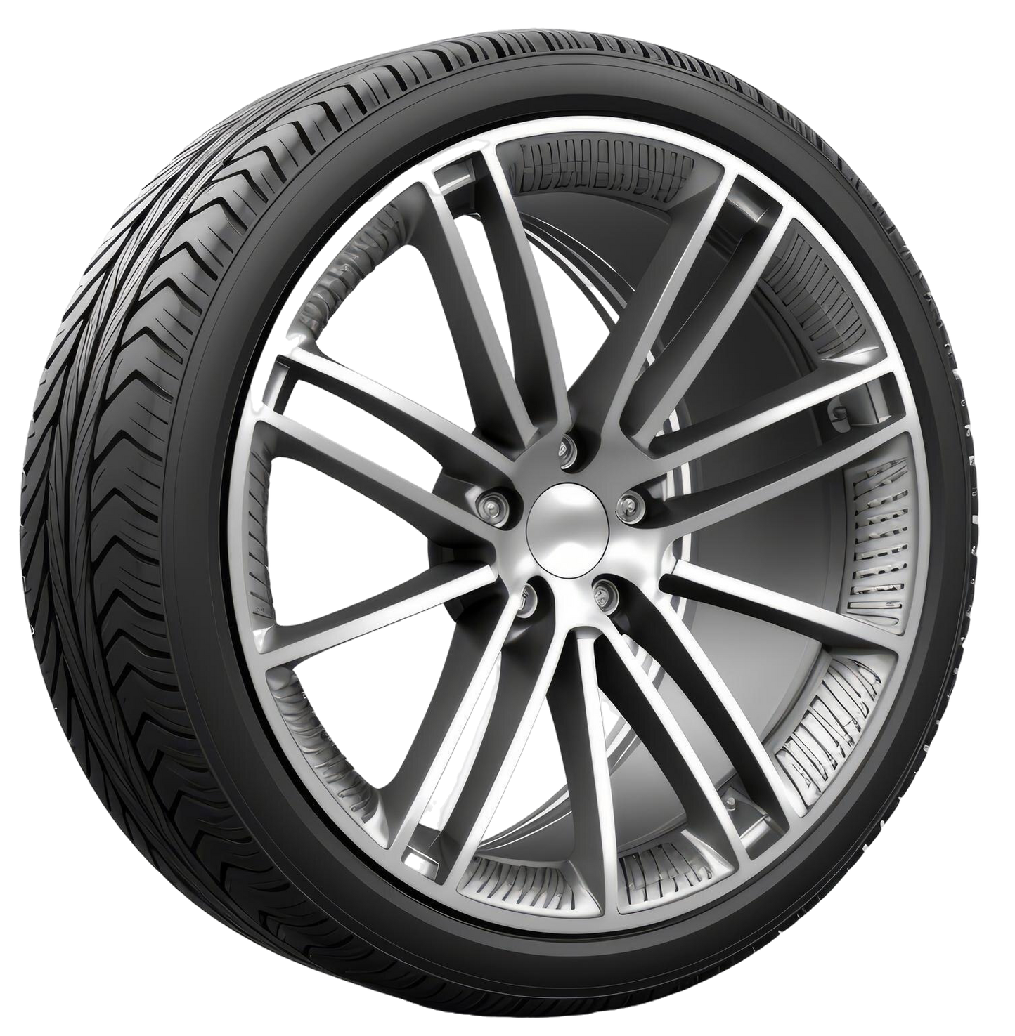 Car tire with a silver and gray wheel.