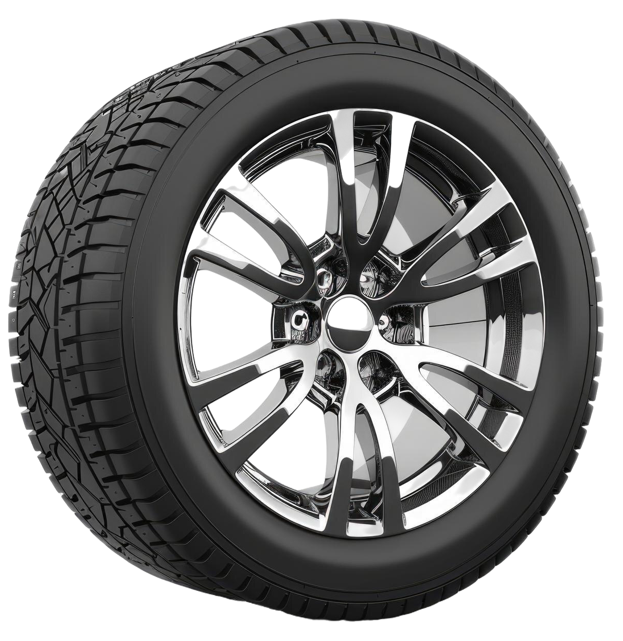 Black car tire with chrome wheel, angled view.