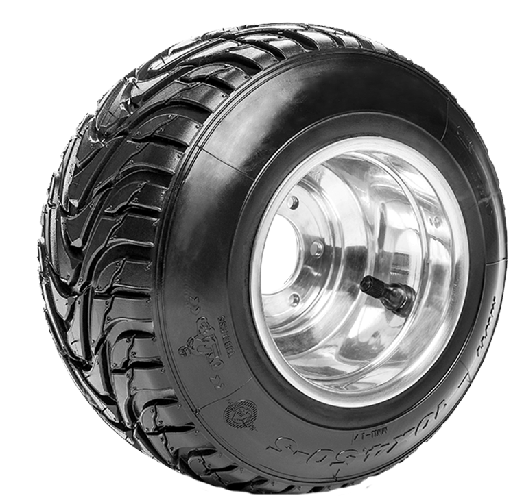 Black and silver go-kart tire with a knobby tread pattern.