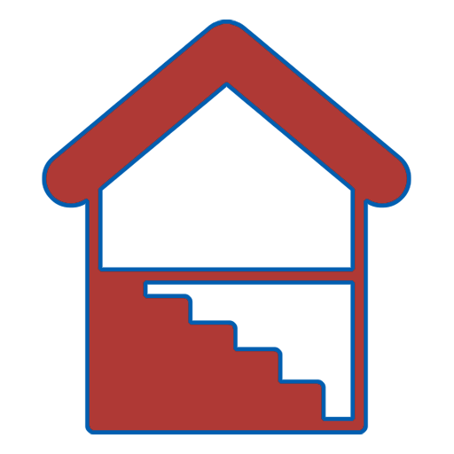 A red and blue icon of a house with stairs.