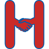 A red and blue letter h with two hands shaking