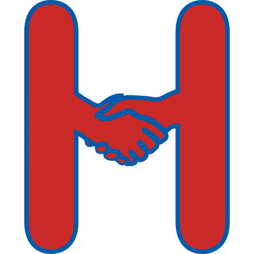 A red and blue letter h with two hands shaking