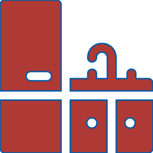 A red and blue icon of a refrigerator , cabinets , and a hanger.