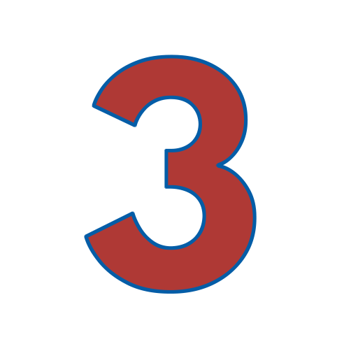 A red number three with a blue outline on a white background.