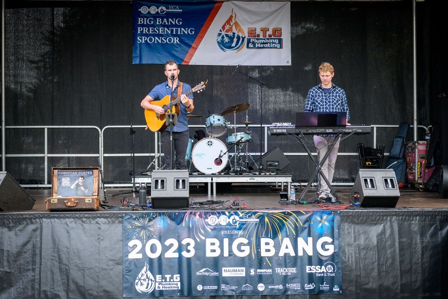 Two musicians perform on a stage: one plays guitar, the other keyboards. A banner reads