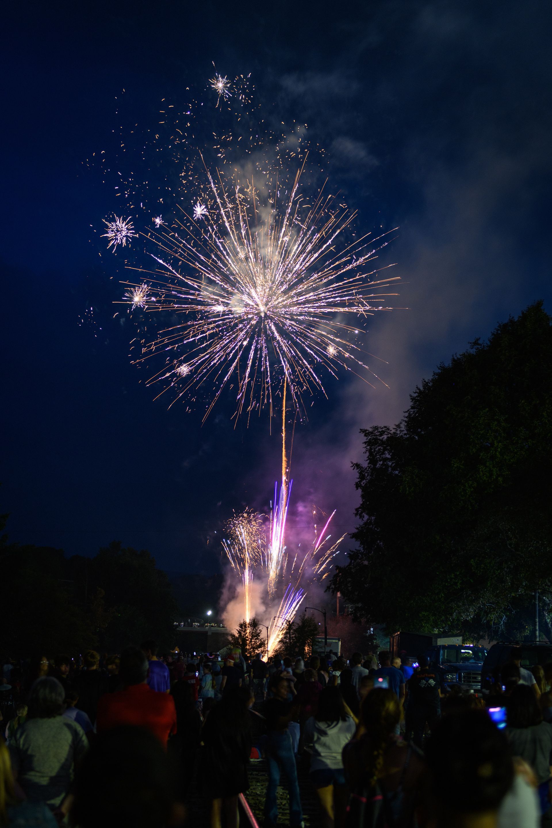 A crowd of people are watching a fireworks display at night.