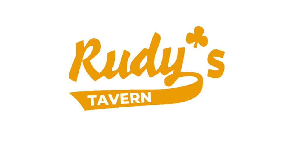 Rudy's Tavern logo in orange, with text and a shamrock icon. 