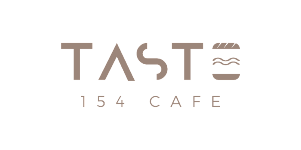 Logo for Taste 154 Cafe, taupe letters on white background. Burger icon replaces the letter 