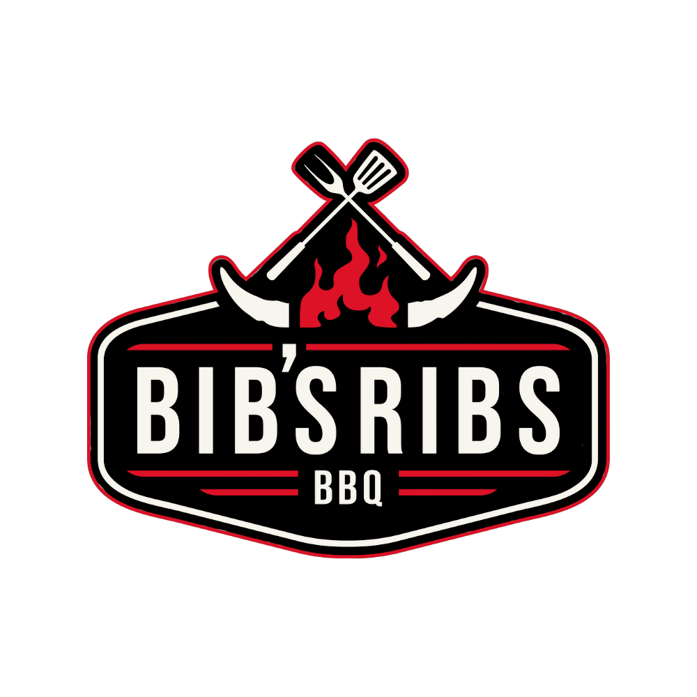 Logo for Bib's Ribs BBQ, featuring text within a black and red shield design with crossed utensils and flames.