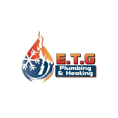 Logo for E.T.G Plumbing & Heating. Features a teardrop shape with fire, ice, and lightning bolt.