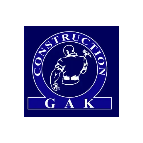 Blue logo: Construction worker with hammer, surrounded by 