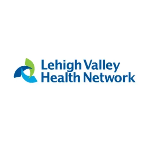Lehigh Valley Health Network logo. Abstract blue, teal, and green design with text on white background.