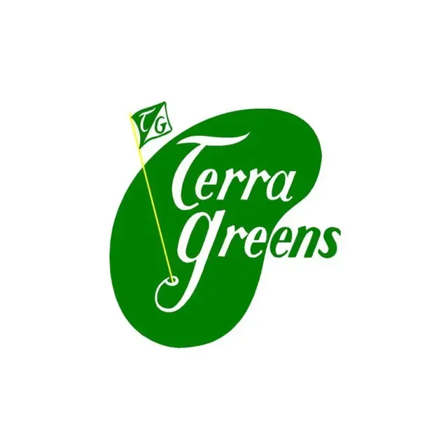 Logo for Terra Greens golf course featuring a green bean-shaped background with a golf flag and lettering.
