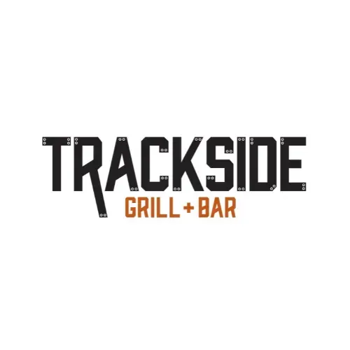 Trackside Grill + Bar logo with black block letters and brown text.