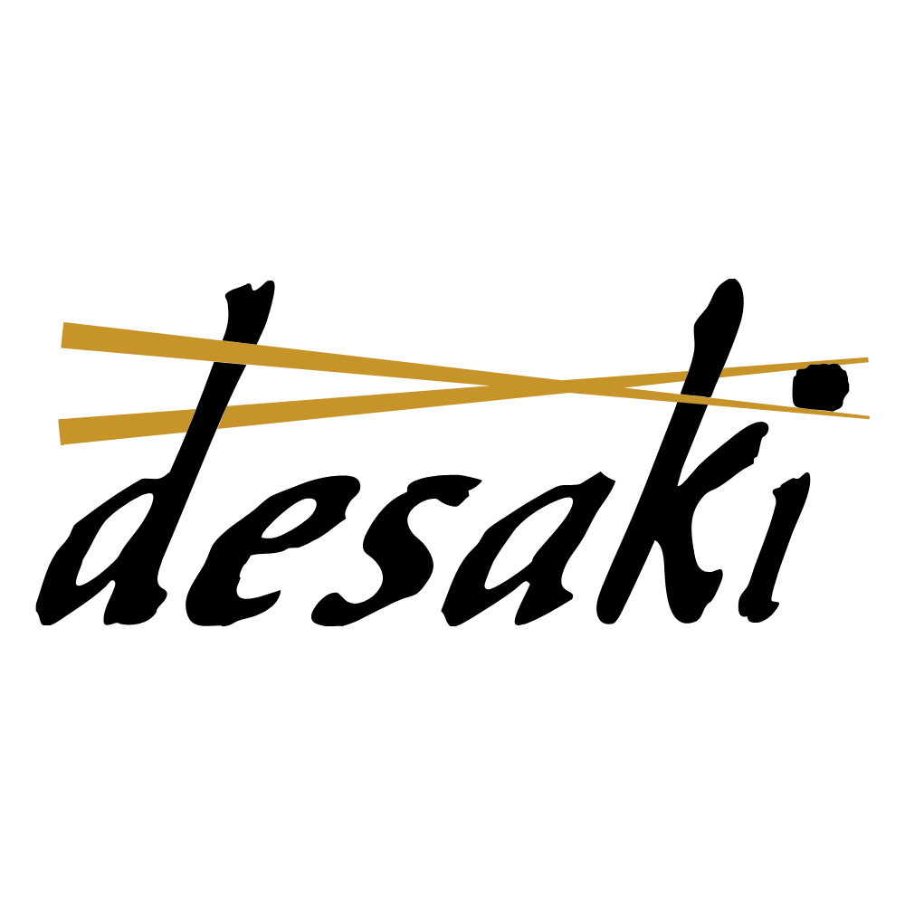 Logo for Desaki: Black calligraphy font with gold chopsticks crossing the letters.