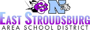 East Stroudsburg Area School District logo with cowboy, purple letters, and blue 