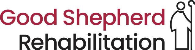 Good Shepherd Rehabilitation logo: text and outline of a person with a staff.