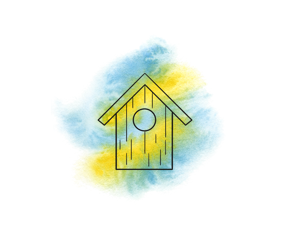 An icon of a birdhouse on a watercolor background.
