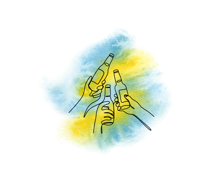 A drawing of three people toasting with beer bottles.
