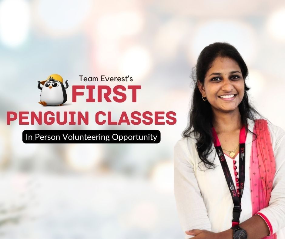 A woman is standing in front of a sign that says first penguin classes in person volunteering opportunity.