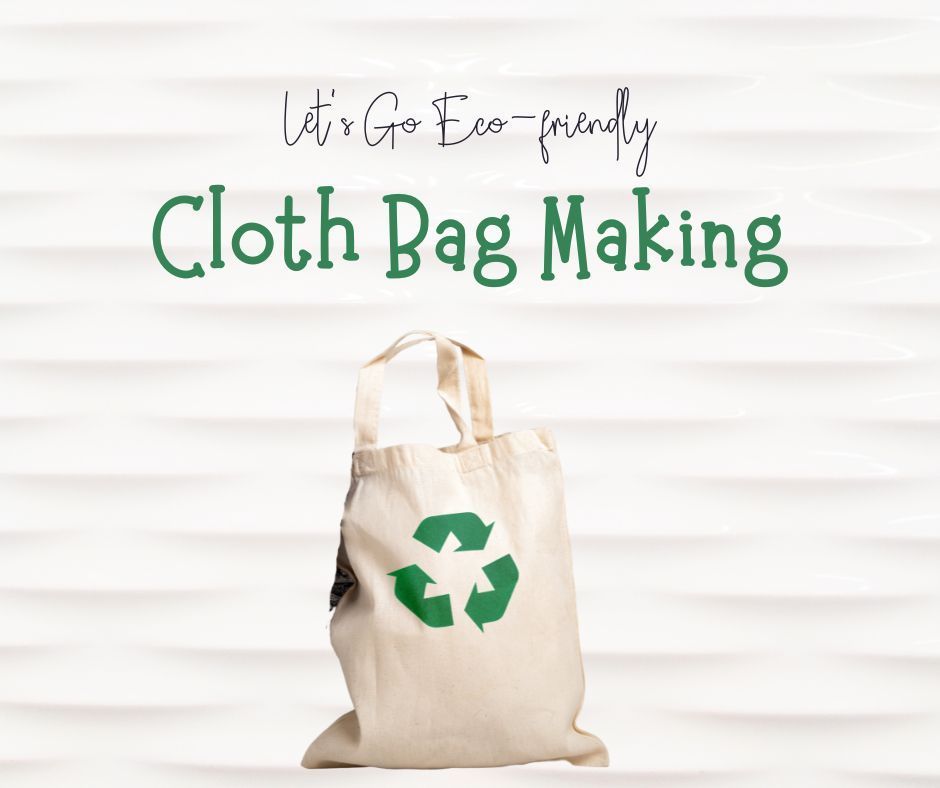 A cloth bag with a recycle symbol on it is sitting on a table.