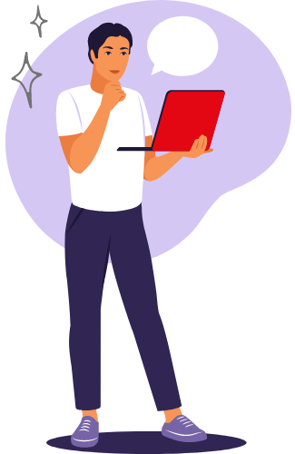 A man is holding a laptop computer with a speech bubble above his head.