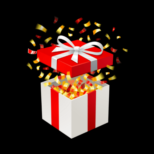 A red and white gift box with confetti coming out of it.