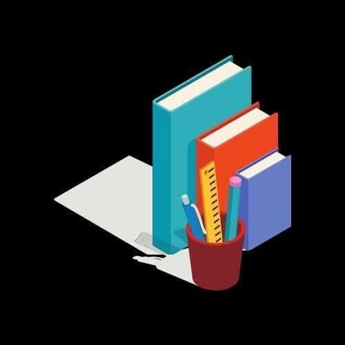 A stack of books , a ruler , pencils , and a pen in a cup.
