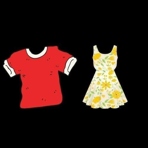 A red shirt and a yellow dress on a black background.